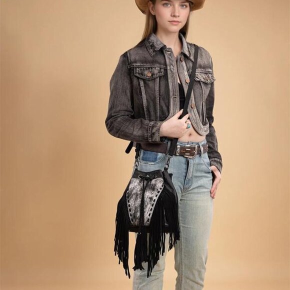 Montana West Hair-On Cowhide Drawstring Crossbody Brown Bucket Bag - Picture 4 of 6